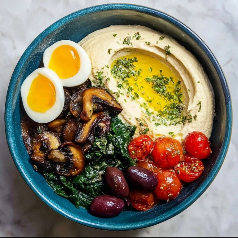 Savory Breakfast Bowls with Mushrooms, Cherry Tomatoes, Spinach, and Hummus Recipe