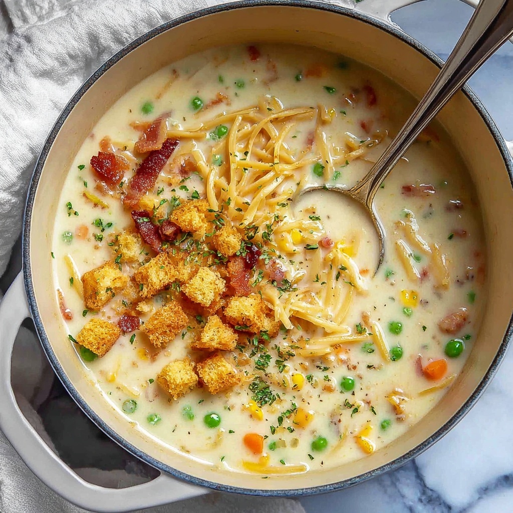 Creamy Chicken Noodle Soup with Mini Croutons and Crispy Bacon Recipe - Recipe Image