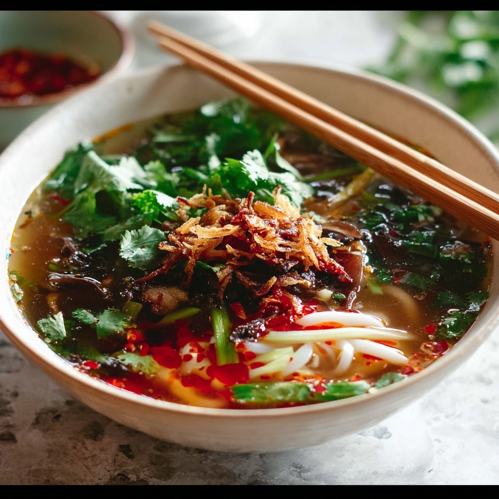 Quick Chinese Vegetable Soup with Enoki Mushrooms and Crispy Shallots Recipe - Recipe Image
