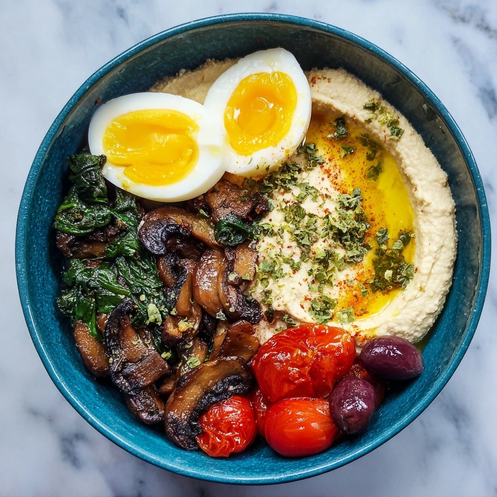 Savory Breakfast Bowls with Mushrooms, Cherry Tomatoes, Spinach, and Hummus Recipe - Recipe Image