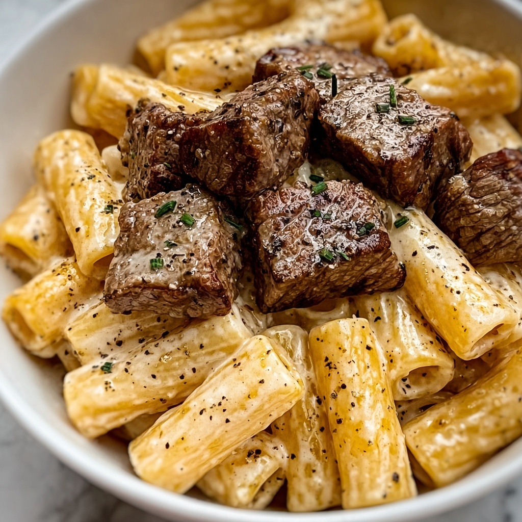 Cajun Steak Tips in Cheesy Rigatoni Parmesan Sauce Recipe - Recipe Image