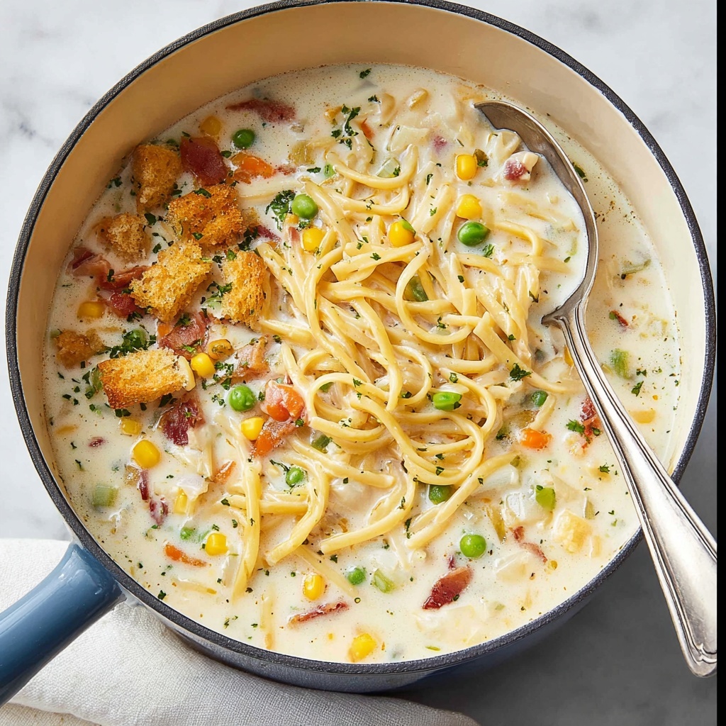 Creamy Chicken Noodle Soup with Mini Croutons and Crispy Bacon Recipe - Recipe Image