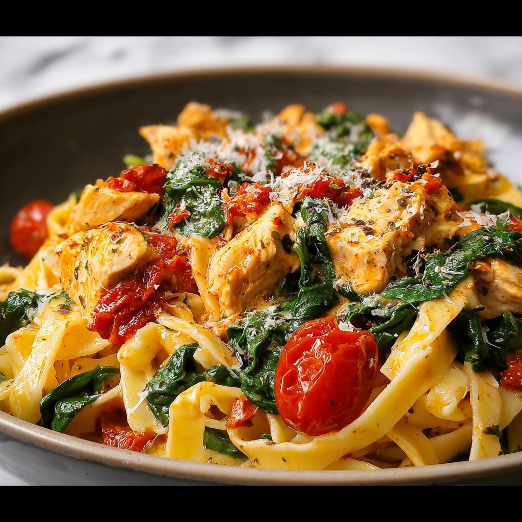 Creamy Garlic Tomato Chicken and Spinach Fettuccine Recipe - Recipe Image