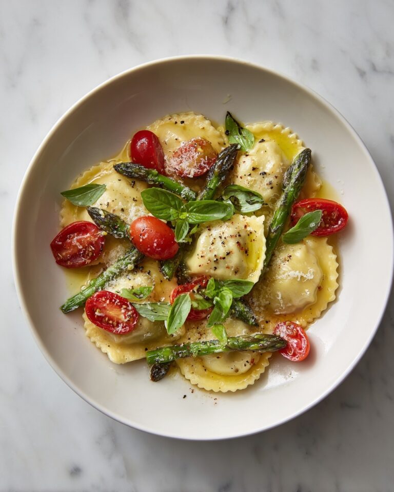 Ravioli with Tomatoes, Asparagus, Garlic, and Herbs Recipe