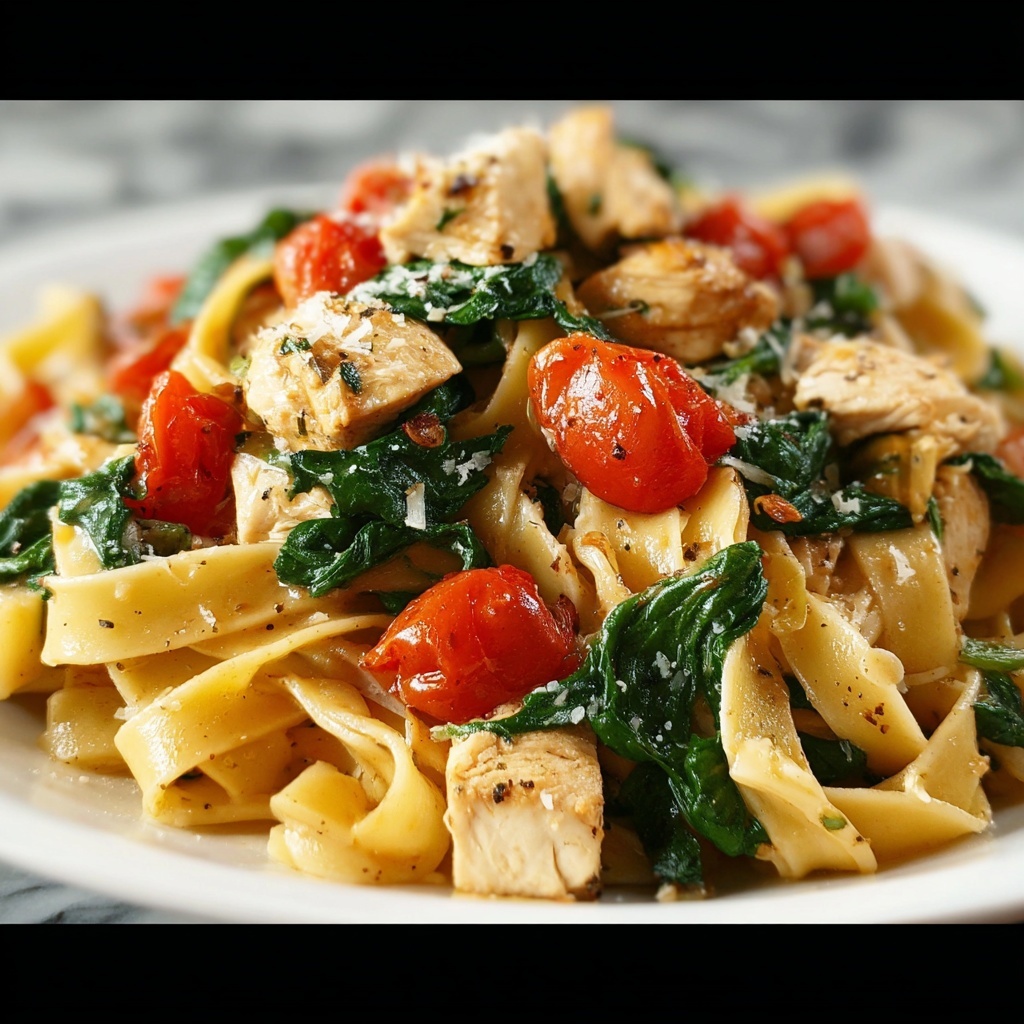 Creamy Garlic Tomato Chicken and Spinach Fettuccine Recipe - Recipe Image