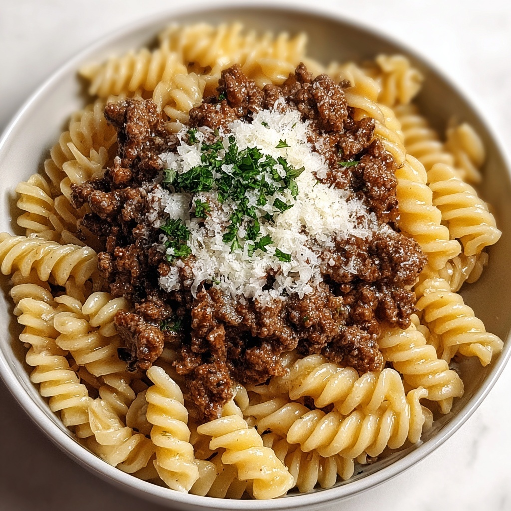 Beef and Rotini in Garlic Parmesan Sauce Recipe - Recipe Image