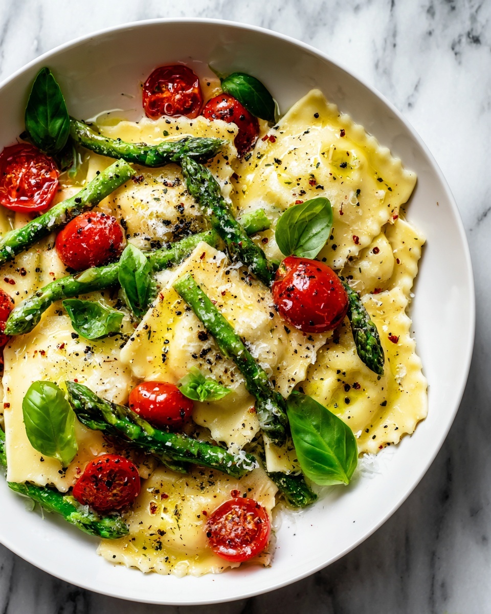 Ravioli with Tomatoes, Asparagus, Garlic, and Herbs Recipe - Recipe Image