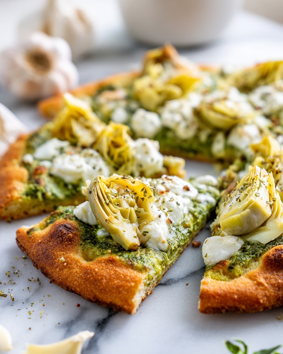 Green Pizza with Pesto, Feta & Artichokes Recipe - Recipe Image