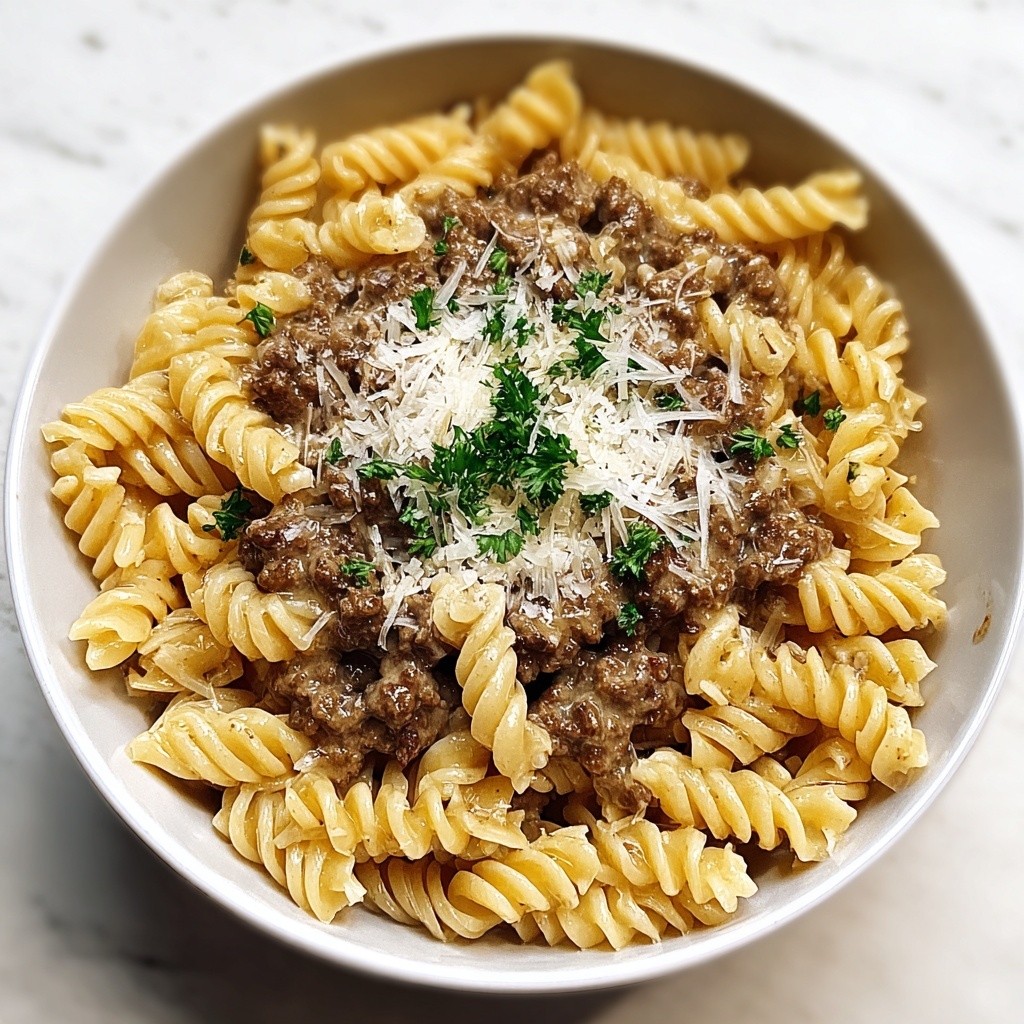 Beef and Rotini in Garlic Parmesan Sauce Recipe - Recipe Image